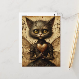 Postal Un gatito triste con un corazón de alambre de púas
