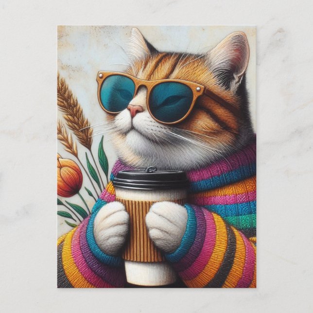 Postal Un Gato Adorable Con Un Café (Anverso)