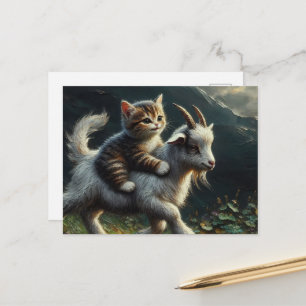 Postal Un gato adorable montando una cabra Fantasía