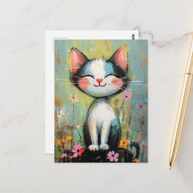 Postal Un gato adorable y flores (Anverso/Reverso In Situ)