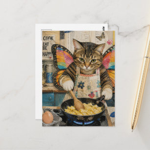 Postal Un gato alado lindo haciendo huevos revueltos