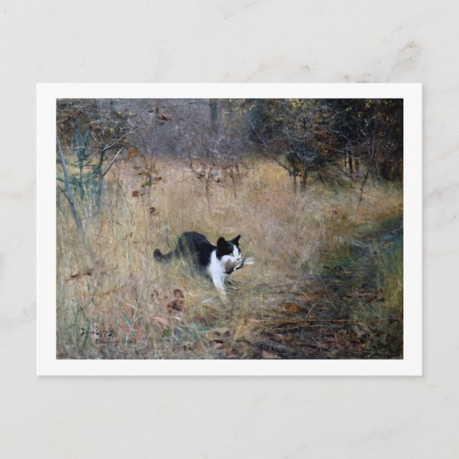 Postal Un gato atrapó un pájaro, Bruno Liljefors (Anverso)