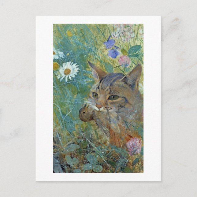 Postal Un gato atrapó un pájaro, Bruno Liljefors (Anverso)