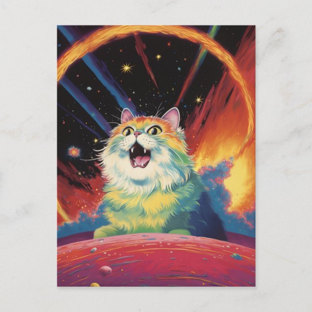 Postal Un gato blanco esponjoso en el espacio (Anverso)