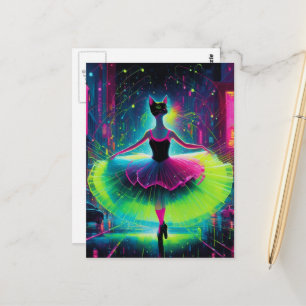 Postal Un gato de ballet de neón en la ciudad ciberpunk