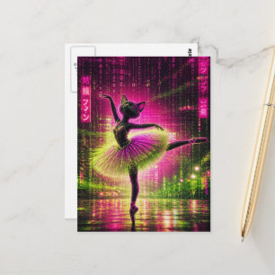Postal Un gato de ballet de neón en la ciudad ciberpunk