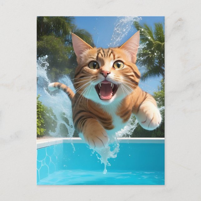Postal Un gato dulce nadando en una piscina divertida (Anverso)
