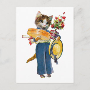 Postal Un gato femenino con flores y regalos