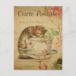 Postal Un gato francés vintage que bebe de una taza de té