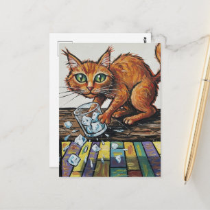 Postal Un gato ginger derriba un vaso de hielo