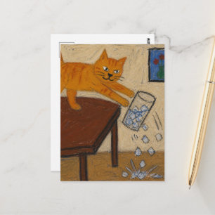 Postal Un gato ginger lindo derriba un vaso de hielo