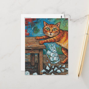 Postal Un gato ginger lindo derriba un vaso de hielo