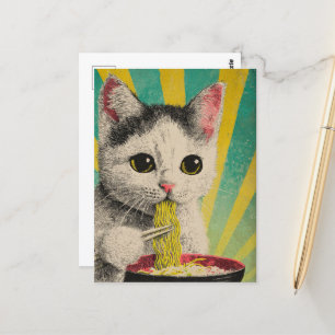 Postal Un gato lindo comiendo un bol de fideos