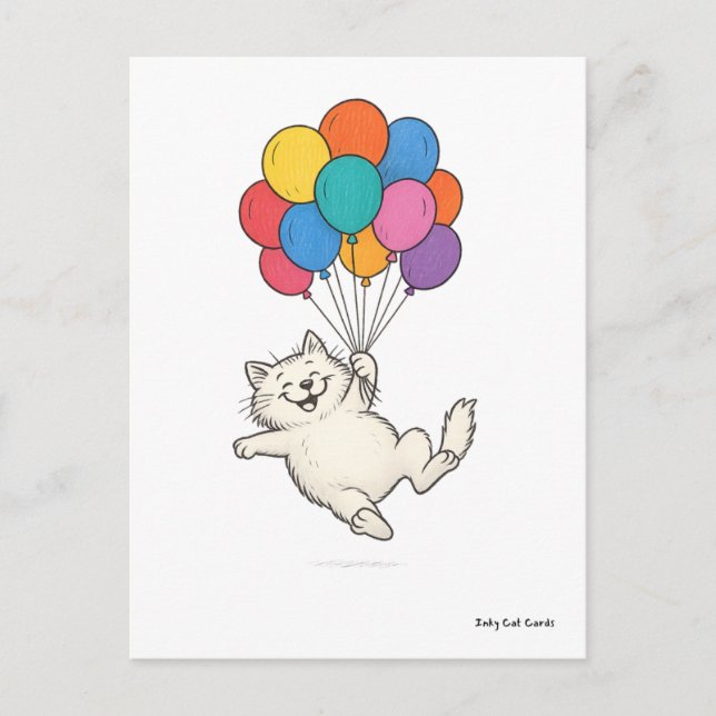 Postal Un gato lindo con globos coloridos (Anverso)