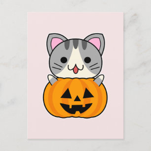 Postal Un gato lindo de Halloween en Jack o Lantern