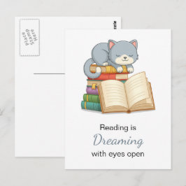 Postal Un gato lindo encima de una cita de lectura de la