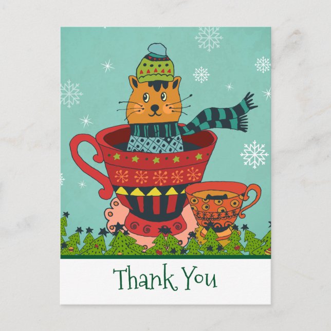 Postal Un gato lindo sentado en una taza de té Navidades  (Anverso)