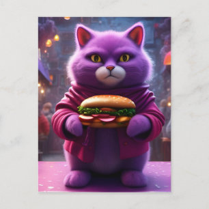 Postal Un gato morado gracioso con hamburguesa de queso