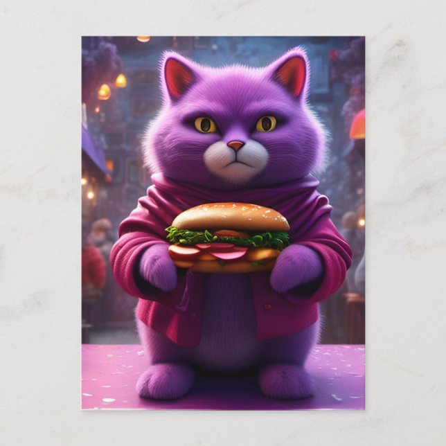 Postal Un gato morado gracioso con hamburguesa de queso (Anverso)