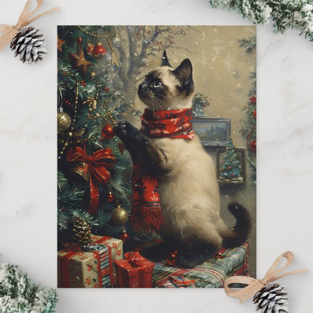 Postal Un gato Navidad siamés lindo vintage (Subido por el creador)