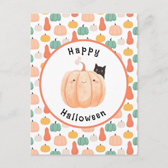 Postal Un gato negro agudo asomando una calabaza Hallowee (Anverso)