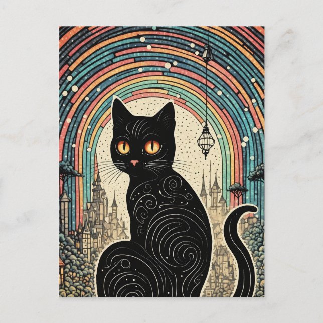 Postal Un gato negro con arcoiris en la ciudad (Anverso)