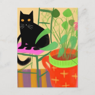 Postal Un gato negro con plantas domésticas