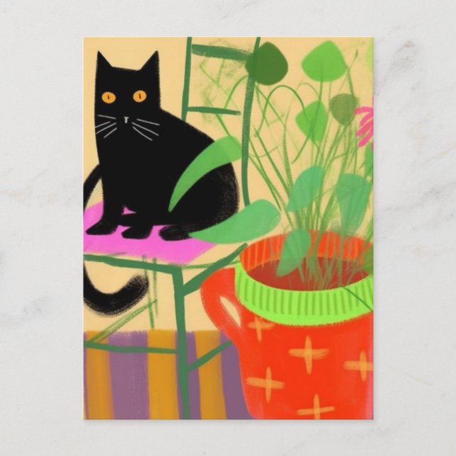 Postal Un gato negro con plantas domésticas (Anverso)