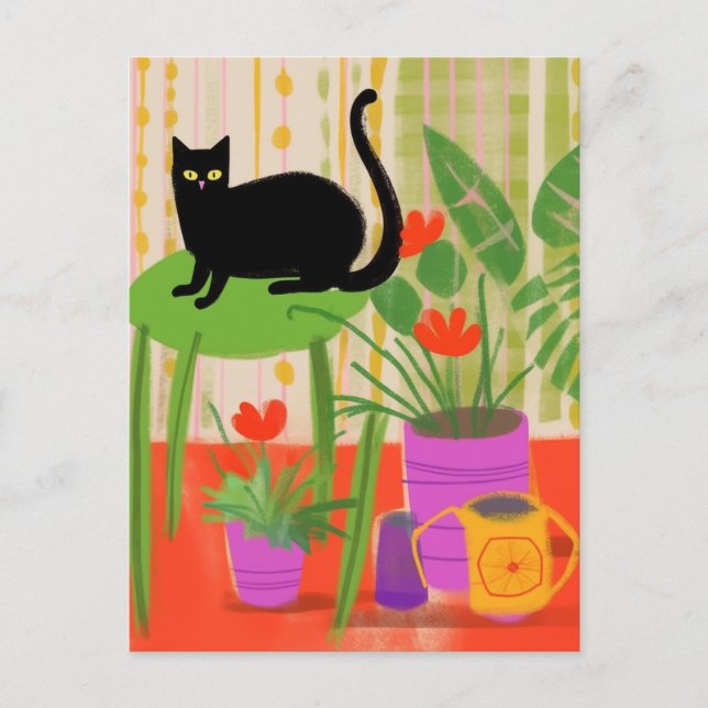 Postal Un gato negro con plantas domésticas (Anverso)