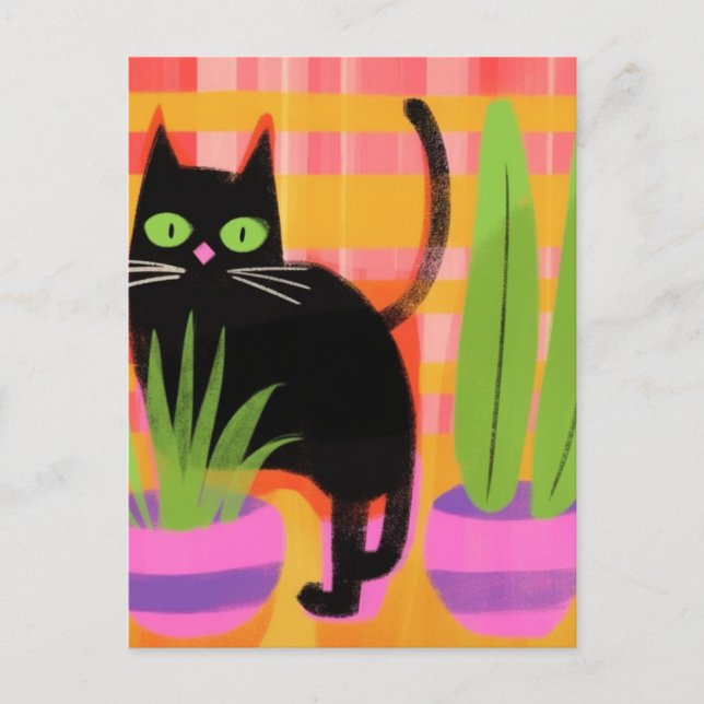 Postal Un gato negro con plantas domésticas (Anverso)