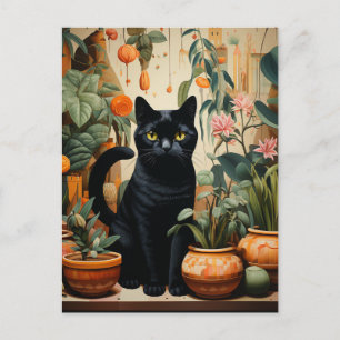 Postal Un gato negro con plantas domésticas