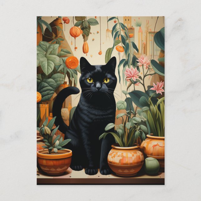Postal Un gato negro con plantas domésticas (Anverso)