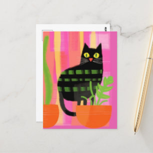 Postal Un gato negro con plantas domésticas Naranja verde