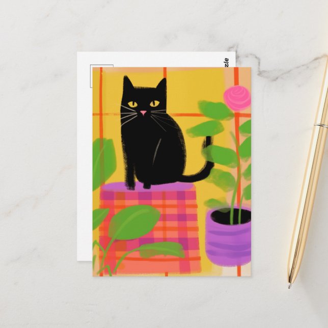 Postal Un Gato Negro Con Sillones De Hogar Tapados (Anverso/Reverso In Situ)