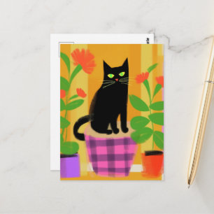 Postal Un gato negro lindo con plantas