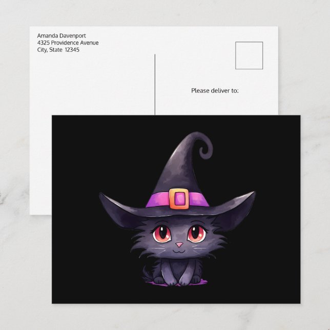 Postal Un gato negro lindo vistiendo al Gorra de una bruj (Anverso / Reverso)