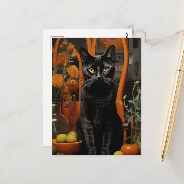 Postal Un gato negro magnífico en una silla Naranja (Anverso/Reverso In Situ)