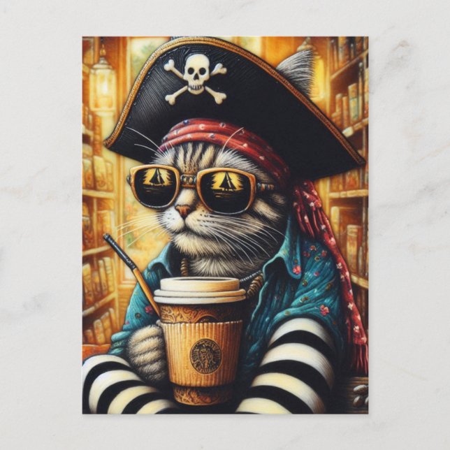 Postal Un Gato Pirata Adorable Con Café (Anverso)