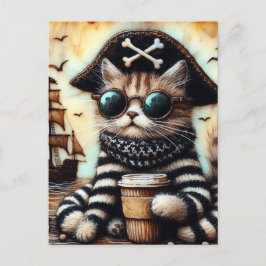 Postal Un Gato Pirata Adorable Con Un Café Encántico