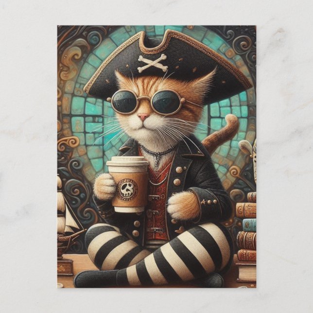 Postal Un gato pirata con café (Anverso)