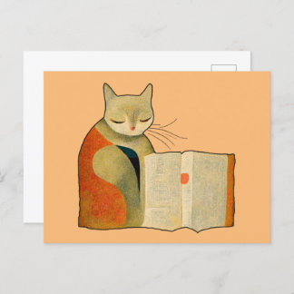 Postal Un gato simple leyendo un libro