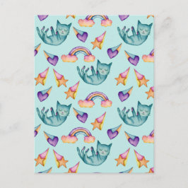 Postal Un gato soñado flotando en el patrón de acuarela d