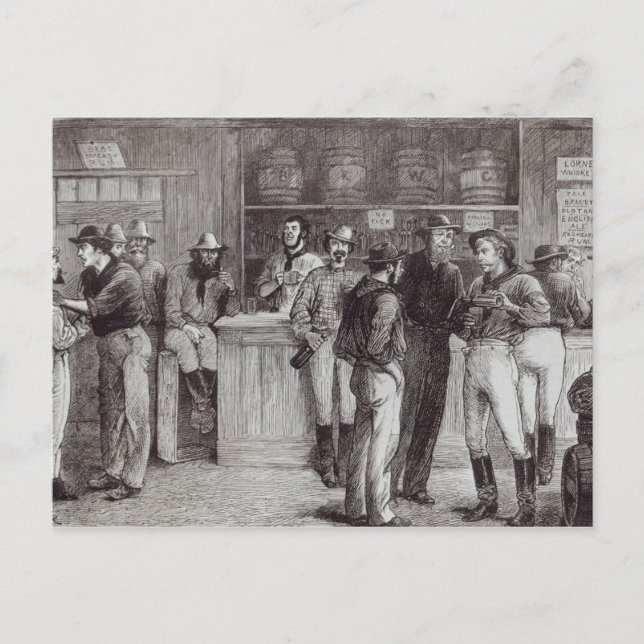 Postal Un grito general, dentro de una taberna bush, 1878 (Anverso)