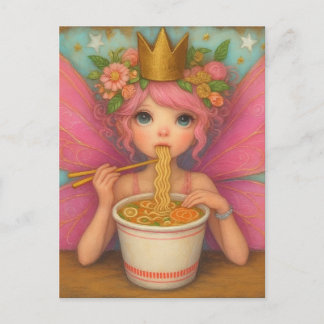 Postal Un hada rosa linda comiendo ramen