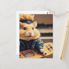 Postal Un hámster punk adorable en monopatín retro