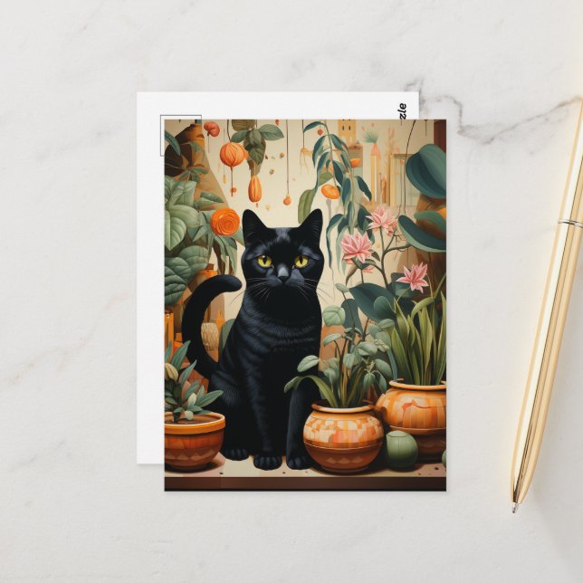 Postal Un hermoso gato negro como planta de un hogar (Anverso/Reverso In Situ)