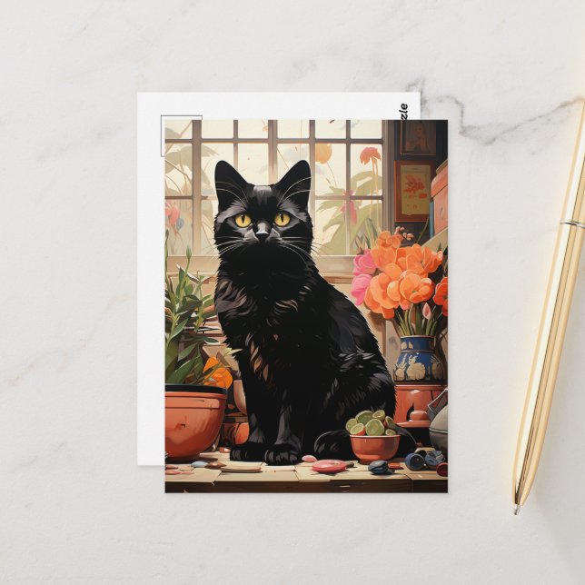 Postal Un hermoso gato negro en las plantas de hogar (Anverso/Reverso In Situ)