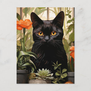 Postal Un hermoso gato negro suculentas y flores