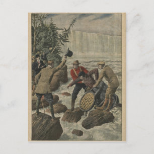 Postal Un hombre en un barril cruzando las Cataratas del 