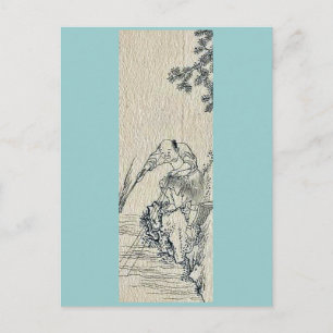 Postal Un hombre pescando en la orilla de un río Ukiyo-e.